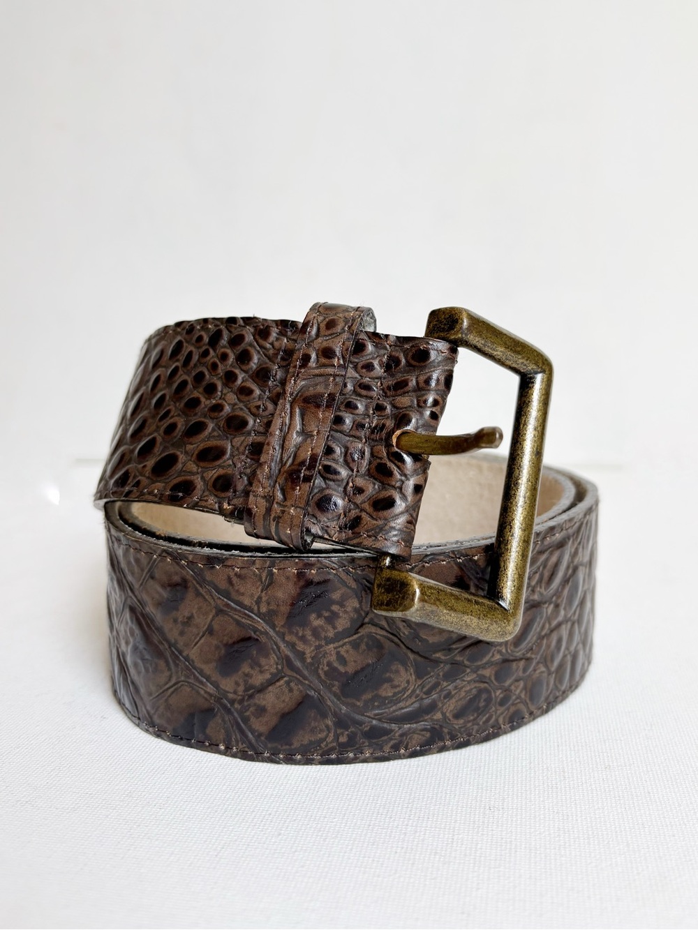 Vintage Landes Alligator Croc-Embossed Italian Leather Belt with Brass Buckle